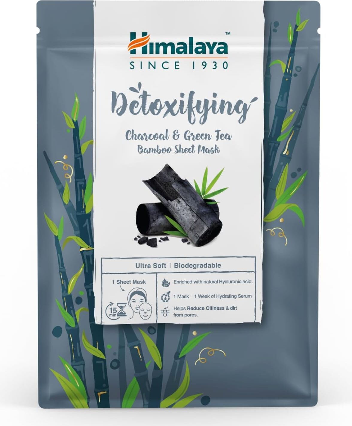 Himalaya Detox Etkili Kağıt Maske, Aktif Kömür, Yeşil Çay, Hyaluronic Acid, Bambu, Geri Dönüştürüleriblir, Tüm Ciltler, 30 gr