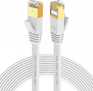 Cat7 Ethernet Kablosu (10 Metre) - 10GBPS’YE Kadar Veri Aktarımı - Fabrikasyon RJ45 Konnektörlü - Yassı Flat Tasarım - 600MHZ - Beyaz