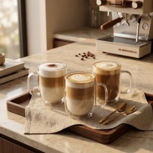 Borosilikat Cam Bardak, 250 ml Geniş Kapasite, Isıya Dayanıklı Yapı, Çift Cidarlı Yalıtım, Makinede Yıkanabilir, Ev Ofis Restoran Için Kullanıma Uygun Kulplu Kahve Espresso Sunum Bardağı