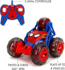 Jada Toys Spider-Man Rc Stunt Car 20CM 5 Tekerlekli Dik Drift 360 Aksiyon ve Takla Atan USB Şarjlı Tekerlek Içi LED Işıklı Turbo Kumandalı Orijinal  Oyuncak Akrobasi Sürüş Arabası