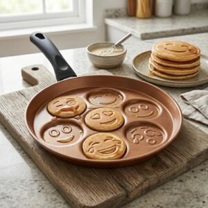 Redio Emoji Pankek ve Yumurta Tavası - 7 Bölmeli Gülen Yüz Tasarımlı, Yanmaz Yapışmaz Krep Tavası (28 Cm) (Bronz)