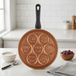 Redio Emoji Pankek ve Yumurta Tavası - 7 Bölmeli Gülen Yüz Tasarımlı, Yanmaz Yapışmaz Krep Tavası (28 Cm) (Bronz)