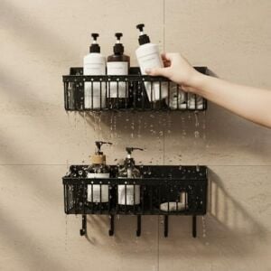 Yapışkanlı Plastik Siyah Banyo ve Mutfak Rafı – Su Tahliyeli Duş Organizeri, Askılı Düzenleyici (2’li Set – 25 Cm)