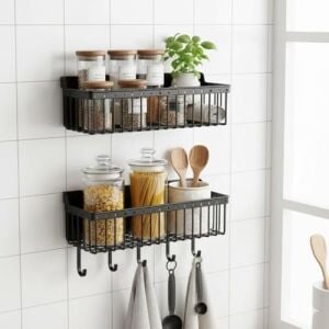 Yapışkanlı Plastik Siyah Banyo ve Mutfak Rafı – Su Tahliyeli Duş Organizeri, Askılı Düzenleyici (2’li Set – 25 Cm)