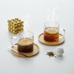 Bambu Tabaklı 2'li Cam Fincan Seti 150 ml - Yuvarlak/kare Seçenekli Borosilikat Bitki Çayı ve Double Kahve Fincanı (Yuvarlak Tabaklı)