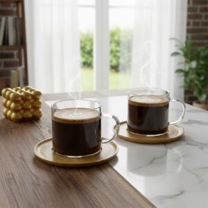 Bambu Tabaklı 2'li Cam Fincan Seti 150 ml - Yuvarlak/kare Seçenekli Borosilikat Bitki Çayı ve Double Kahve Fincanı (Yuvarlak Tabaklı)
