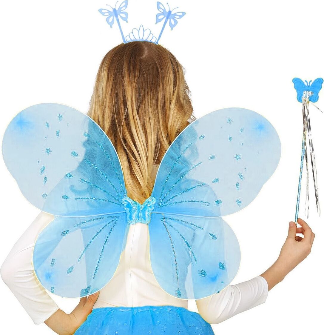 Mavi Kelebek Erkek-Kız Seti – 50 cm Kelebek Kanadı, Taç ve Asa