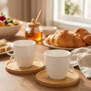 6'lı Seramik Türk Kahvesi Fincan Takımı – Ahşap Bambu Tabaklı, Modern Kulplu, Şık Kahve Sunum Seti