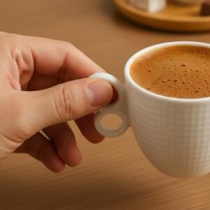 6'lı Seramik Türk Kahvesi Fincan Takımı – Ahşap Bambu Tabaklı, Modern Kulplu, Şık Kahve Sunum Seti