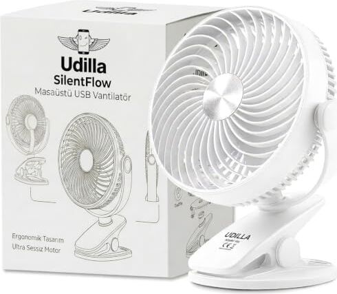 1800 Mah Bataratyalı USB Mini Vantilatör Fan Klipsli Sabitleme - 360° Ayarlanabilir - Ultra Güçlü Hava Akımı ile Süper Serinlik Hissi - Sessiz, Portatif, Taşınabilir (Beyaz, Klipsli)