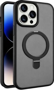 iPhone 14 Pro Max ile Uyumlu Mat Transparan Phaqntomring Magsafe Destekli Standlı Kılıf, Kamera Lens Hediyeli Darbe Emici Şık Tasarım Black