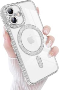 - iPhone 17 ile Uyumlu Apple Kılıf Simli Taşlı Lens Korumalı Arkası Şeffaf Kenarı Renkli Parlak Magsafe ile Uyumlu Kapak - Gümüş