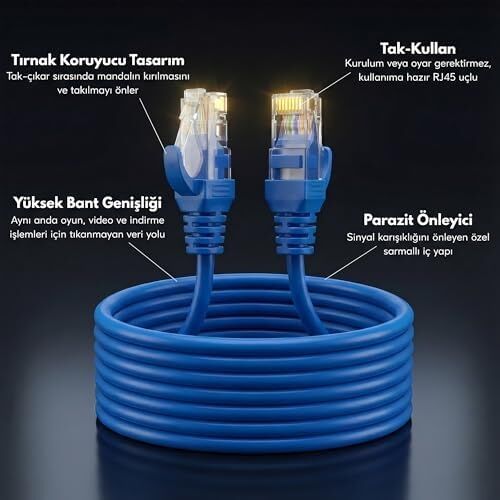 Cat6 Ethernet Kablosu (5 Metre) - 1000 Mbps’e Kadar Veri Aktarımı - Fabrikasyon RJ45 Konnektörlü - Mavi