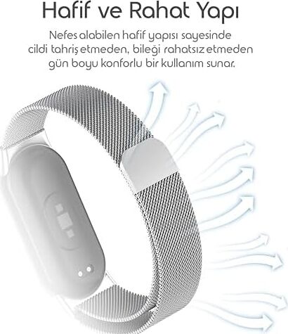 Xiaomi ile Uyumlu Mi Band 10/9/8 Için Milano Loop Metal Hasırlı Kordon Manyetik Tasarımlı Terletmeyen Hafif Yapılı Bileğe Göre Ayarlanabilen Deformasyona Dayanıklı Paslanmaz Kayış