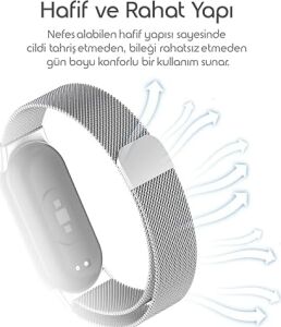 Xiaomi ile Uyumlu Mi Band 10/9/8 Için Milano Loop Metal Hasırlı Kordon Manyetik Tasarımlı Terletmeyen Hafif Yapılı Bileğe Göre Ayarlanabilen Deformasyona Dayanıklı Paslanmaz Kayış