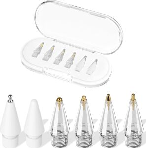 Apple Pencil Yedek Kalem Ucu – 1. ve 2. Nesil, Pro, Usb-C Uyumlu, Şeffaf Saklama Kutulu Set (6'lı) (Beyaz)