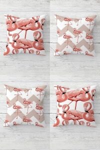 Flamingo Zigzag Desenli Gizli Fermuarlı Kırlent Kılıfı Koltuk Yastık Kılıfı TAKIM(4ADET), Beyaz-Pembe 43 x 43