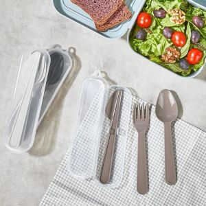 Plastik Çatal Kaşık Bıçak Seti Taşıma Kutulu Kamp Piknik Okul (Bej)