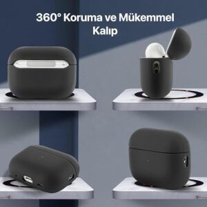 Airpods 4. Nesil ile Uyumlu Leather Skin Serisi Parmak Izi Tutmayan Dış Yüzeye Sahip ve Mükemmel Koruma Sağlayan Orta Sertlikte Silikon Kılıf (Siyah, Airpods 4)