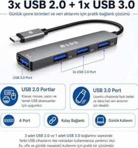 SW-U324 Type-C Metal USB Hub, 3x USB 2.0 + 1x USB 3.0 4 Port USB Çoklayıcı, Alüminyum Gövde Gri Usb-C Hub, Laptop Tablet Pc MacBook Için Mouse Klavye USB Bellek Aksesuar Bağlantı Adaptörü