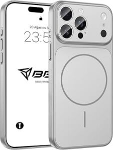 iPhone 16 Pro ile Uyumlu Kılıf Kamera Tasarımı Mag-Safe Destekli Temperli Cam Arka Yüzey Darbelere Karşı Koruma Lüks Telefon Kılıfı Gümüş