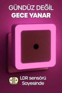 Kare Gece Lambası, Işığa Duyarlı Ldr Sensörlü, Fotoselli Sensörlü Işık (Pembe)