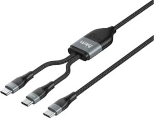 Duo Power 100W Çift Uçlu, Type-C To Type-C + Type-C Şarj Kablosu, Örgü Tasarım, 1.2 Metre, Siyah