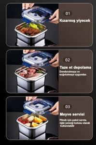 2 Adet Çelik 1250 ml Kilitli Yemek Meyve Et Buzdolabı Beslenme Saklama Kabı MT106