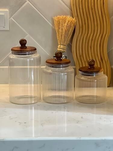 3'lü Üçlü Lüks Çizgi Cam Desenli Top Kulplu Akasya Vakum Kapaklı Baharat Takım