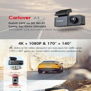 Carlover A3 4K Wifi Dahili Gps Araç Kamerası (Ön + Arka Kamera)