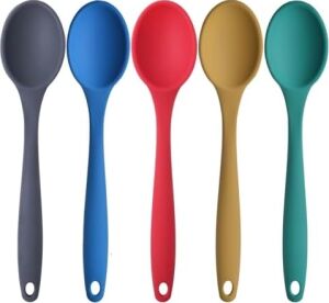 5 Parça Büyük Boy Silikon Kaşık Seti, Yanmaz Yapışmaz, Antrasit, Kırmızı, Sarı, Yeşil, Mavi, Bpa Free