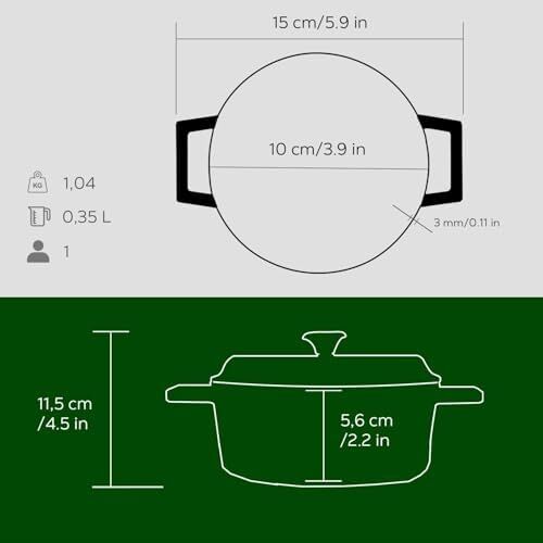 Metal Döküm Mini Tencere, 10 Cm, 0.35 L Hacim, Yeşil