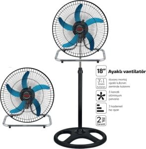 Sanayi Tipi Ayaklı Vantilatör - 5 Metal Kanatlı - 18 Inç 46 cm