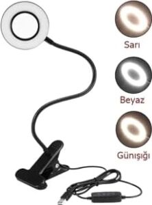 Gaman 3 Renk Işıklı Parlaklık Ayarlı USB Akrobatik Çalışma Lambası - Makyaj Işığı Flexible Masa Lambası Siyah