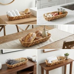 Hasır Oval Ekmek Sepeti ve Çok Amaçlı Düzenleyici, 28X6 cm Doğal Örme Sunum Tabağı, Ince Uzun Baget Ekmeklik, Çatal Kaşık ve Banyo Makyaj Organizeri