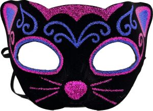 Siyah Kadife Kaplama Üzeri Pembe Mavi Sim Işlemeli Kedi Maskesi 20X13 cm