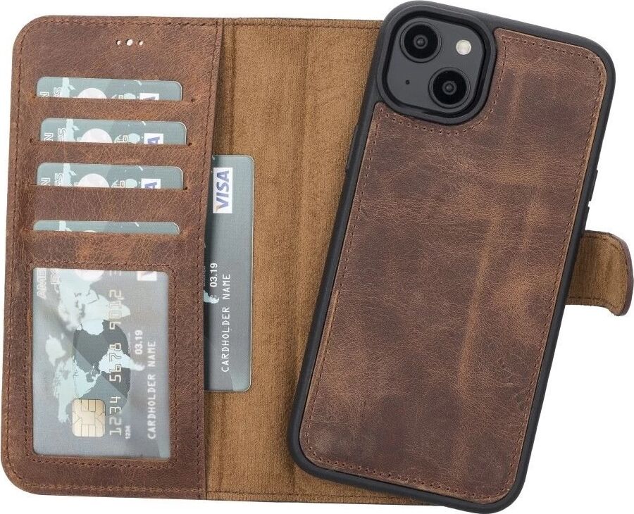 Apple iPhone 14 Plus Uyumlu Deri Cüzdanlı Kılıf Mwwn G2 Kahve