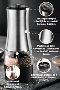 Dual Paslanmaz Çelik Çift Hazneli Otomatik Tuz & Karabiber Öğütücü Pilli - Metalik
