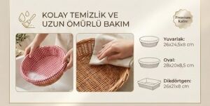 Doğal Rattan Kumaşlı Ekmeklik ve Sunum Sepeti - Kırmızı Kumaş Örtülü Rustik Kahvaltı ve Servis Düzenleyici (Dikdörtgen)