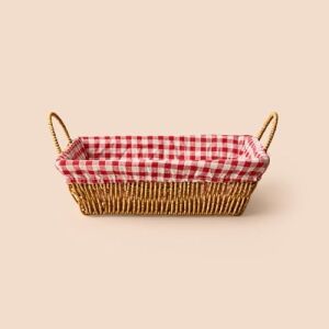 Doğal Rattan Kumaşlı Ekmeklik ve Sunum Sepeti - Kırmızı Kumaş Örtülü Rustik Kahvaltı ve Servis Düzenleyici (Dikdörtgen)