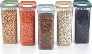 Şeffaf Erzak Kabı Kapağı Süzgülü Saklama ve Düzenleme Kabı Plastik Gıda Saklama Kabı Bakliyat Makarna Un Şeker Saklama Kutusu 1 Adet (Asorti Renk) (2,4 Litre)