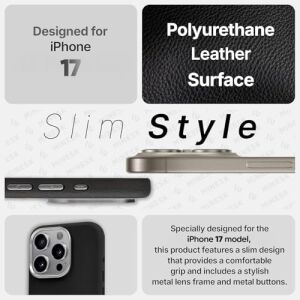 iPhone 17 Için Magsafe ile Uyumlu Çizilmeyen ve Parmak Izi Tutmayan Deri Görünümlü Metal Tuşlu ve Metal Lens Çerçeveli Hybrid Silikon Kılıf (Siyah, 17)