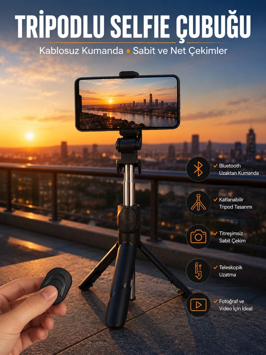 Selfie Çubuğu Tripod Kumandalı Telefon Tutucu Siyah