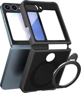 Karbon Fiber Materyal Stand Özellikli Lens Çerçeveli ve Sararmayan Güçlü Darbe Emici Premium Kılıf (Siyah, Galaxy Z Flip 5)