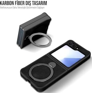 Karbon Fiber Materyal Stand Özellikli Lens Çerçeveli ve Sararmayan Güçlü Darbe Emici Premium Kılıf (Siyah, Galaxy Z Flip 5)