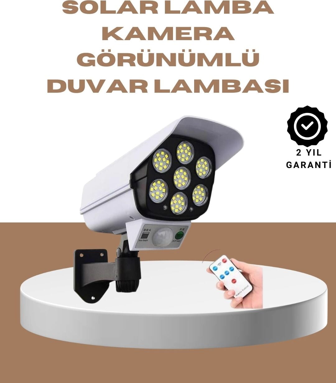 Güneş Enerjili LED Lamba + Güvenlik Kamerası Görünümlü– 5-8 M Hareket Algılamalı, Beyaz Işık