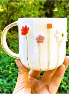 Cw Celine's Wonders 24 Ayar Altın Detaylı Ilkbahar Çiçek Kabartmalı 450 ml El Yapımı Mug Spring Flower