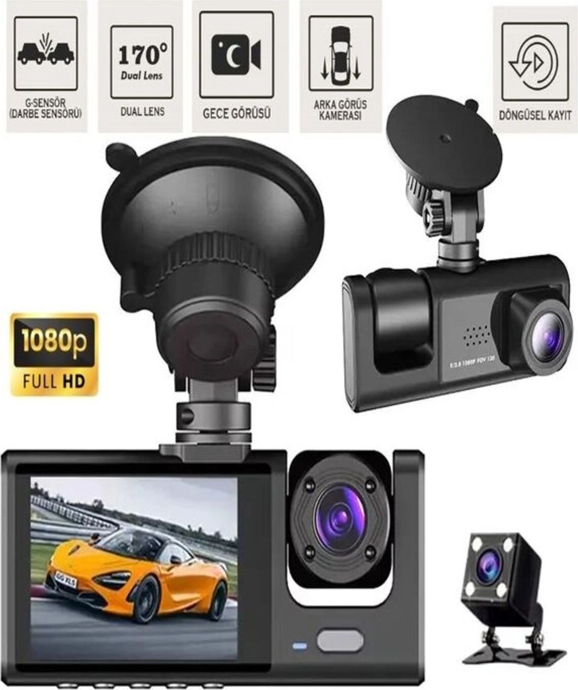 1080P 3 Kameralı Araç Içi Kamera IPS Ekranlı Ultra Geniş Açılı Gece Görüşlü G Sensörlü