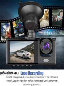 1080P 3 Kameralı Araç Içi Kamera IPS Ekranlı Ultra Geniş Açılı Gece Görüşlü G Sensörlü