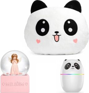 Panda Temalı Dekoratif Tasarıma Sahip Hediye Seti – Peluş Panda Yastık + Buhar Makinesi Nemlendirici + Melek Figürlü Kar Küresi | Dekoratif Hediye Seti